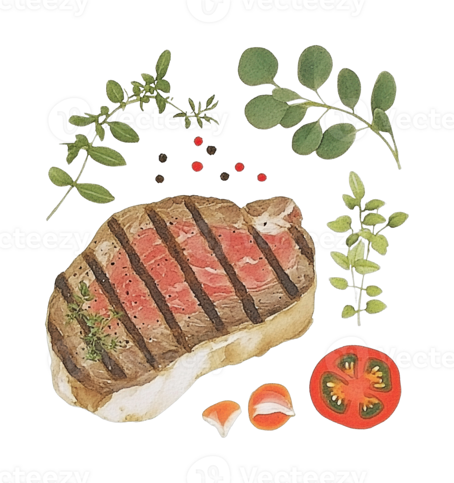 Grilled steak with fresh herbs tomato garlic and peppercorns in artistic display png