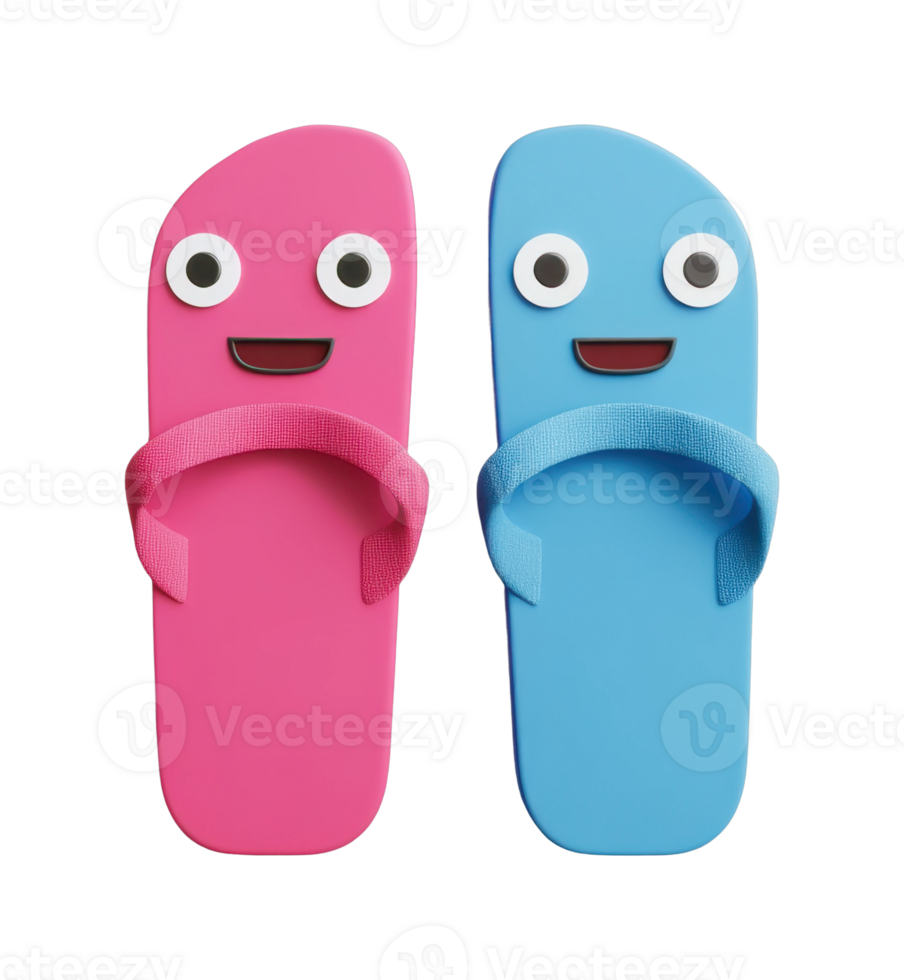 Playful cartoon flip-flops with smiling faces and googly eyes png