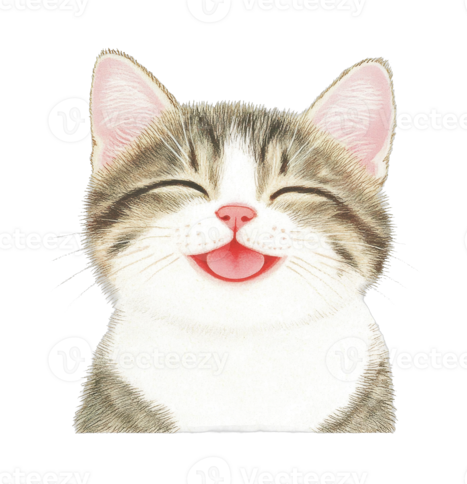 Smiling cartoon cat face with pink ears and whiskers png