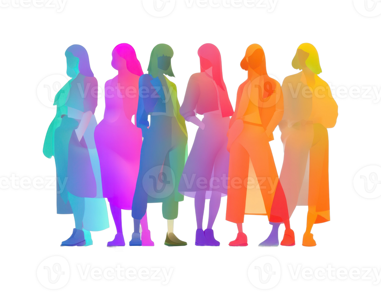 Colorful silhouettes of diverse young females in stylish outfits png