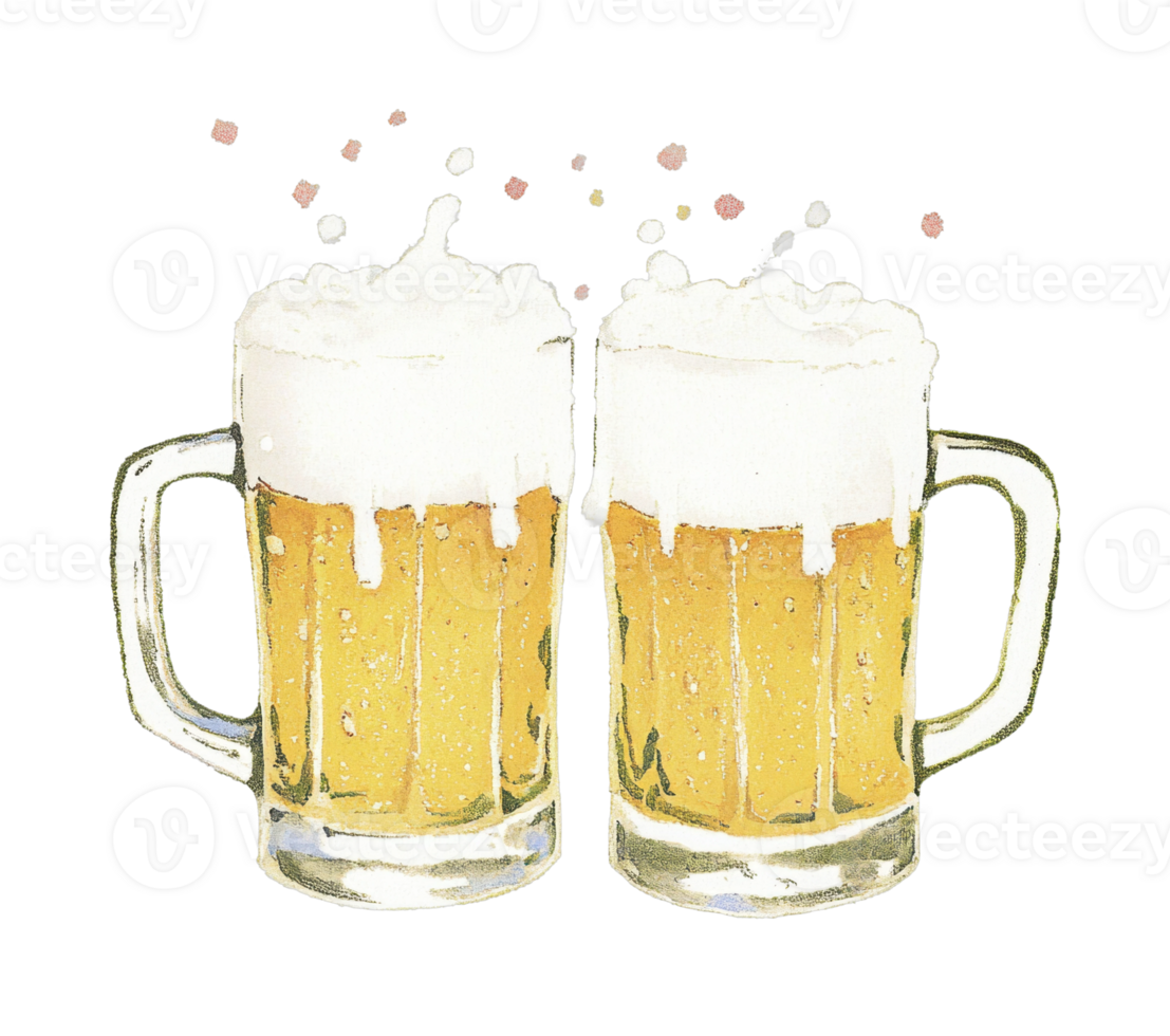 Illustrated beer toast with two frothy mugs png
