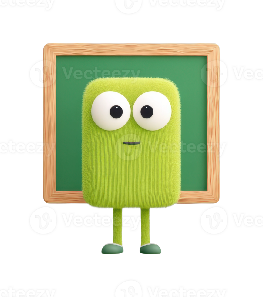 Green cartoon character with big eyes in front of wooden-framed chalkboard png