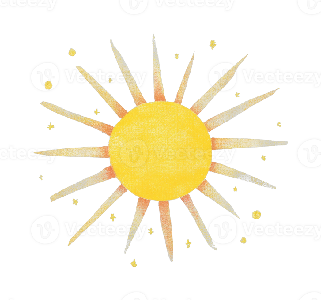 Abstract yellow sun with radiating beams and small stars png