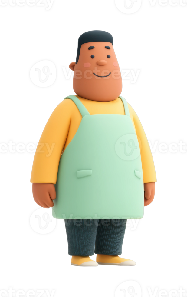 Smiling cartoon character with green apron and yellow shirt png
