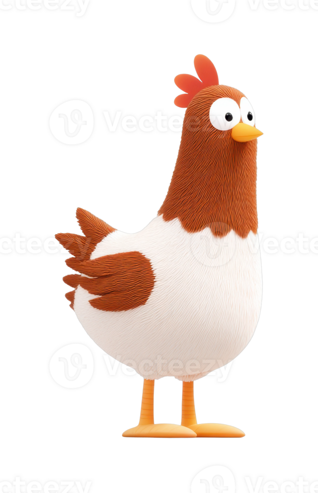 Whimsical cartoon chicken with red comb and white feathers png