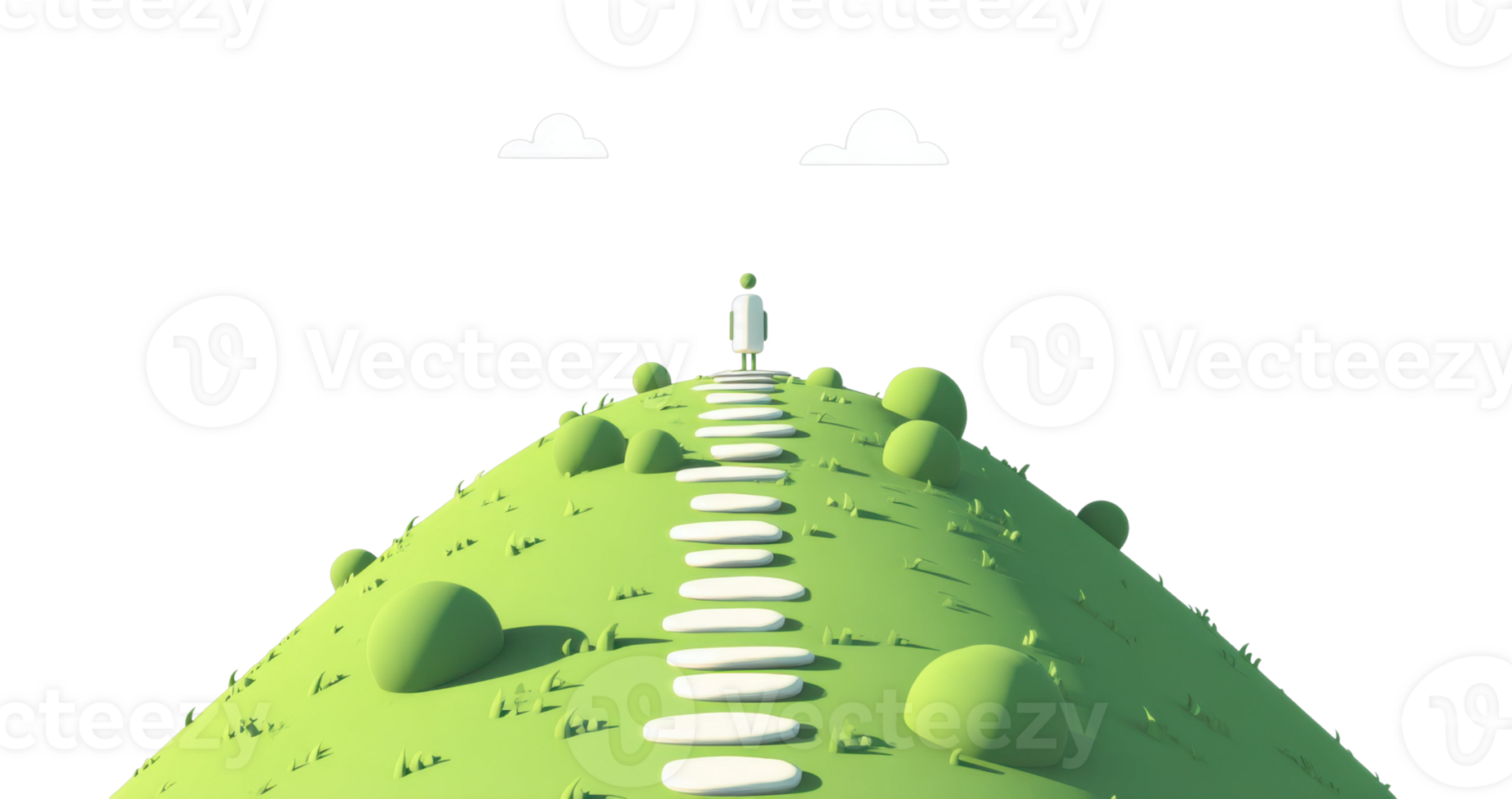 Cartoon figure on a green hill with white path and clouds png