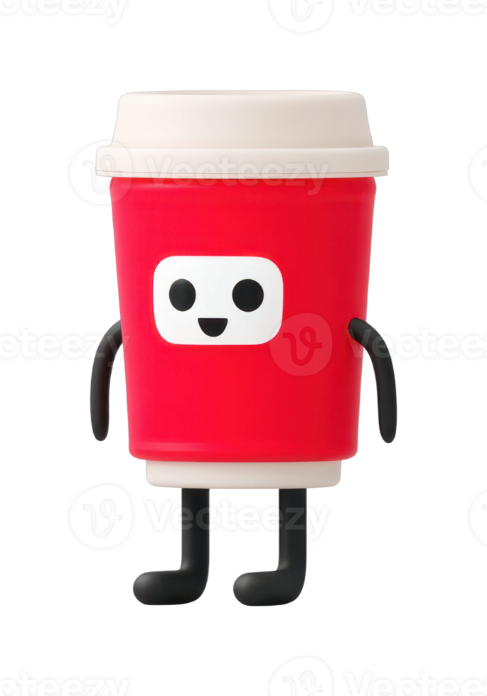 Cute red coffee cup character with smile and arms png