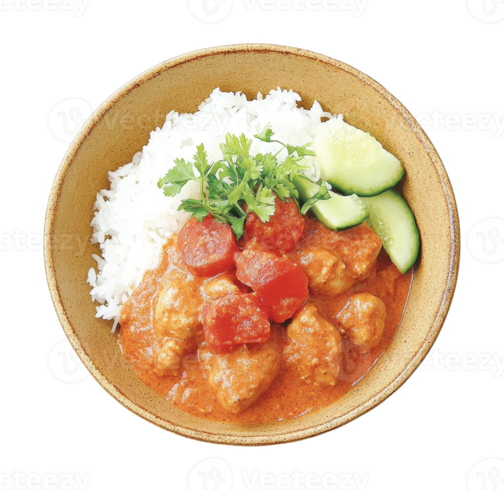 Delicious bowl of red curry chicken with rice, cilantro, and cucumber slices png