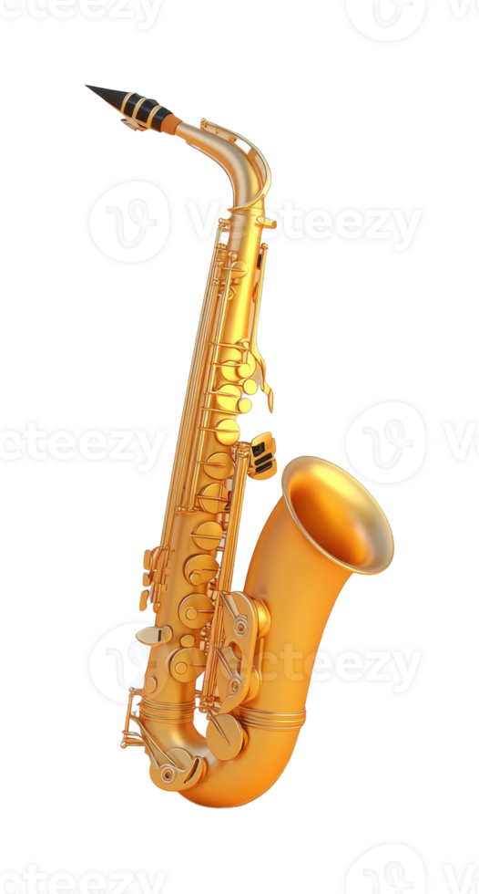 Golden saxophone with intricate details on a solid black background png