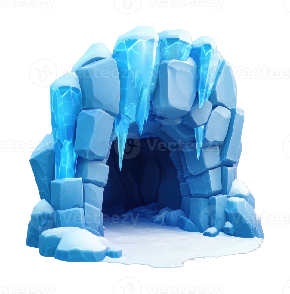Ice cavern with blue icicles and snowy entrance png