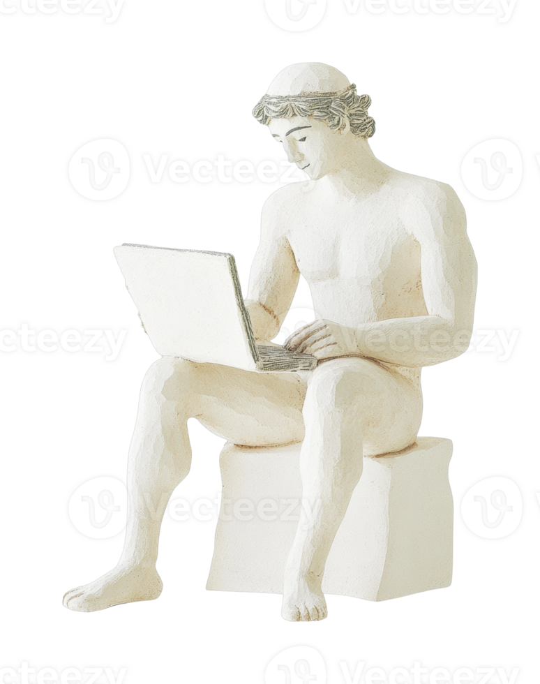 Ancient statue with laptop modern technology concept png