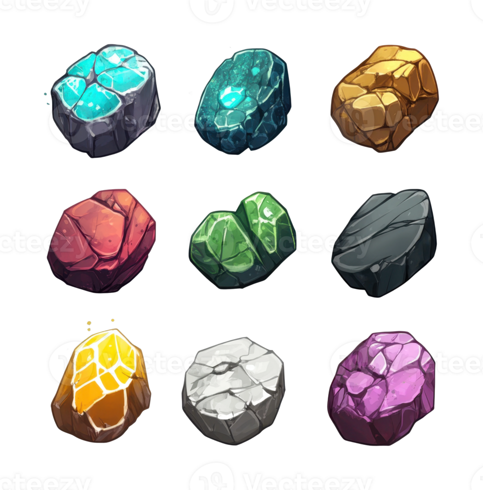 Collection of nine colorful gemstones in various shapes png