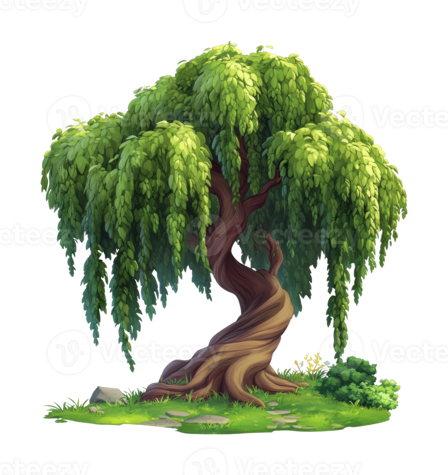 Majestic willow tree with twisted trunk and lush green foliage png