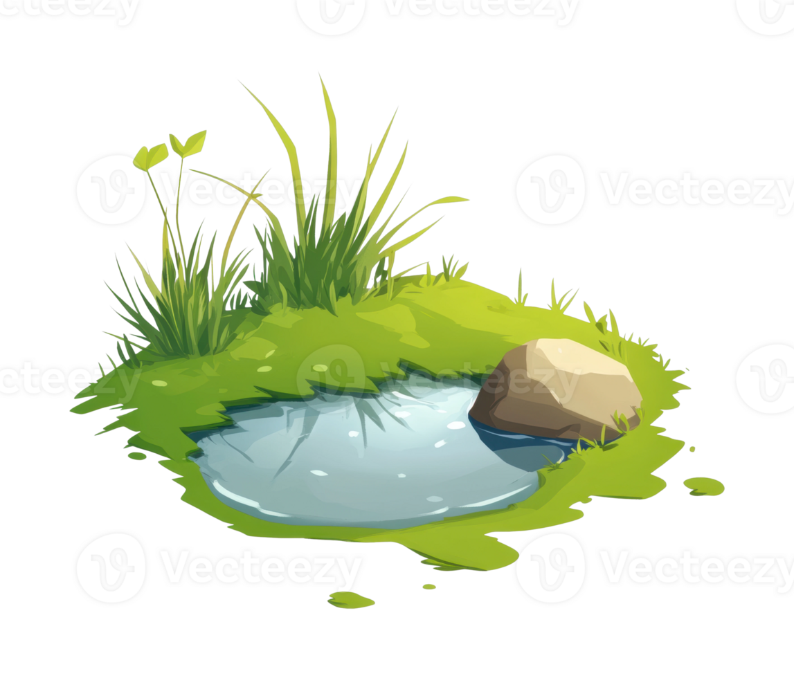 Serene nature pond with lush greenery and stone png