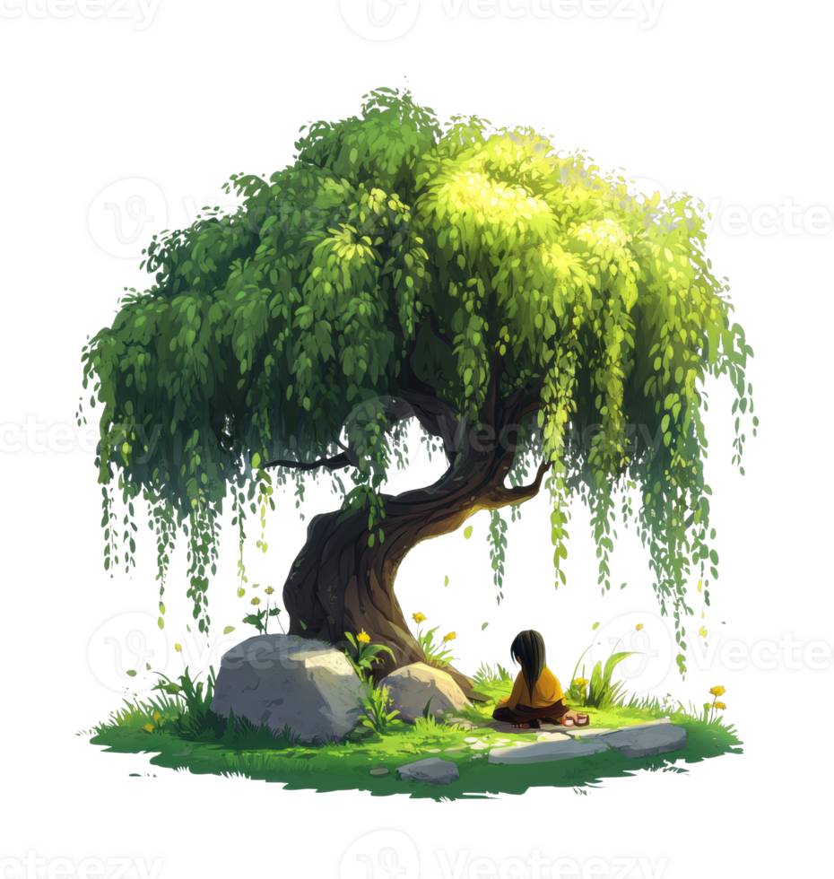 Child meditating under lush willow tree in peaceful nature scene png