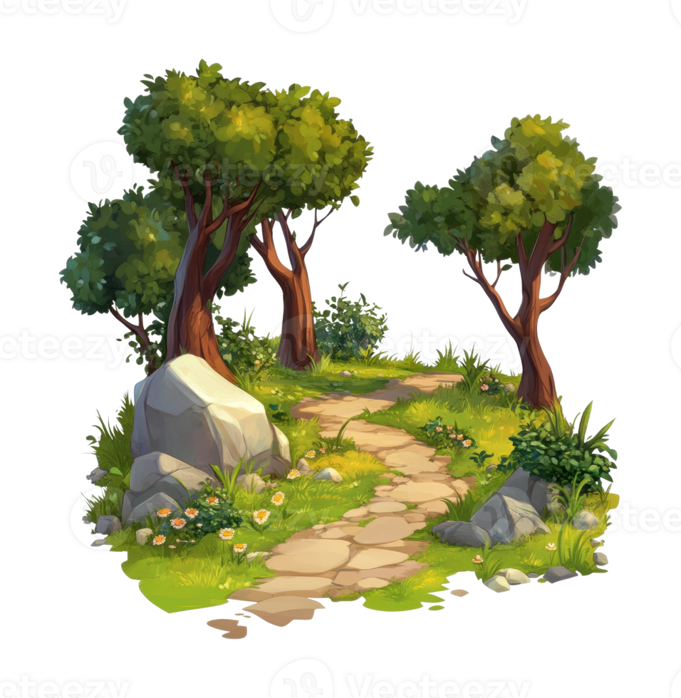 Idyllic forest pathway with trees and stones in a lush setting png