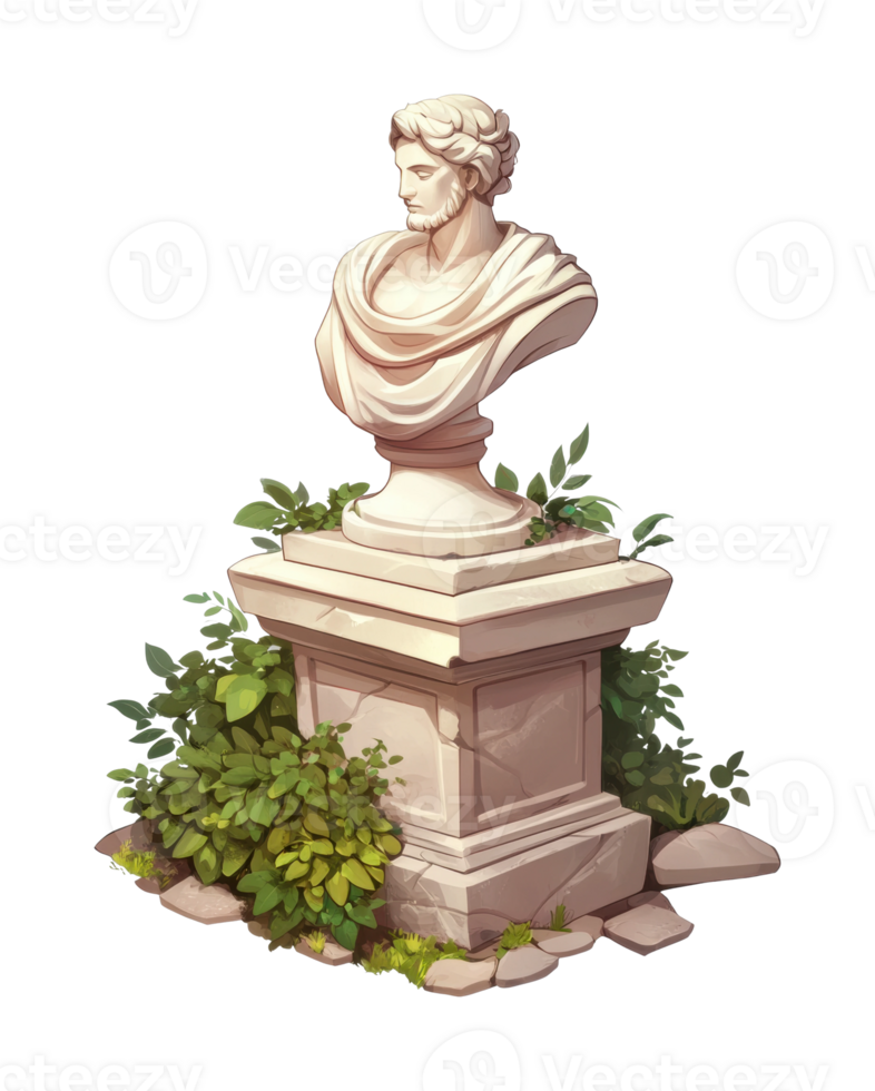 Classical marble bust of bearded male with laurel wreath in garden setting png