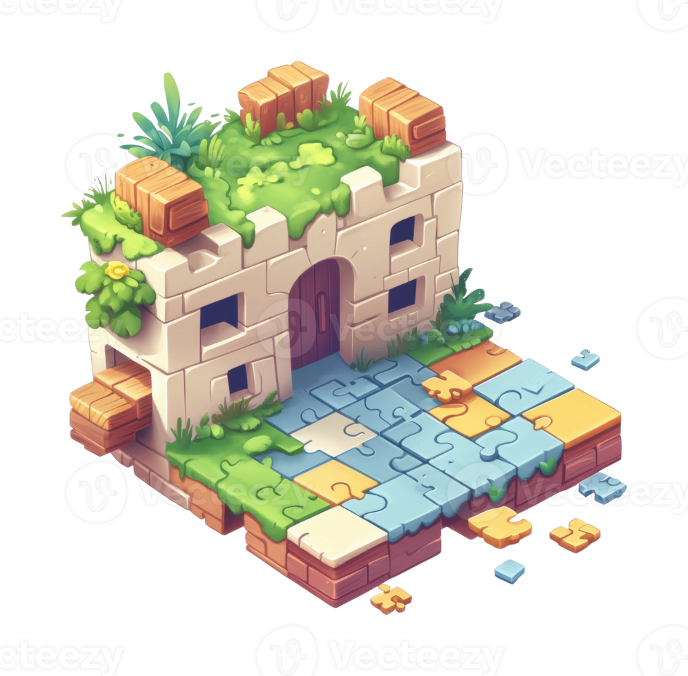 Isometric puzzle castle with grass and blocks png
