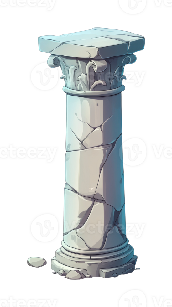 Ancient cracked stone column with decorative carvings png