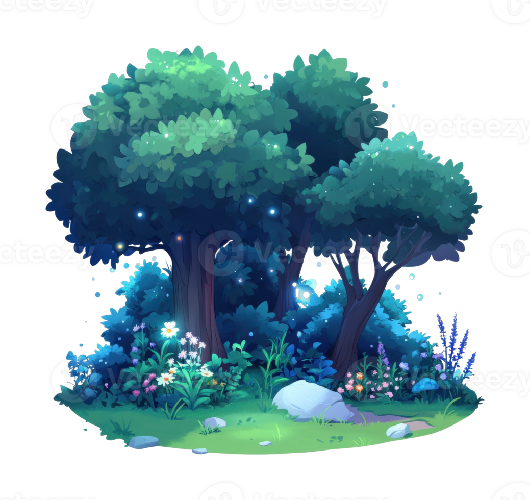 Enchanting forest scene with lush greenery and vibrant flowers png