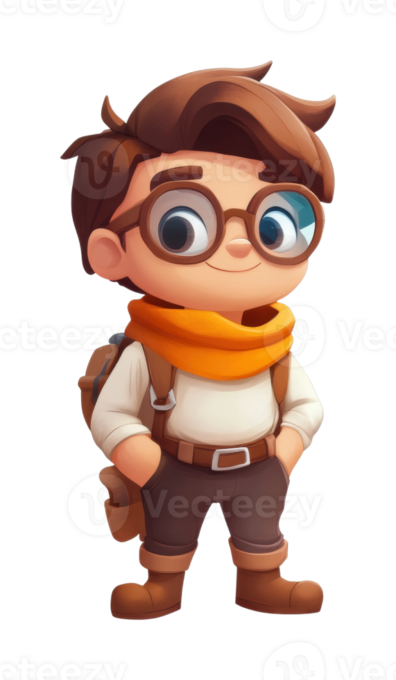 Cartoon explorer boy with glasses and backpack png