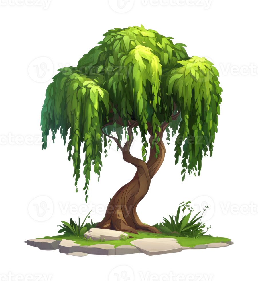 Lush green willow tree with twisted trunk and hanging leaves png