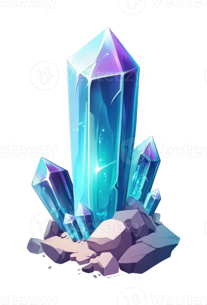 Vibrant blue and purple crystals with shimmering facets and rocky base png