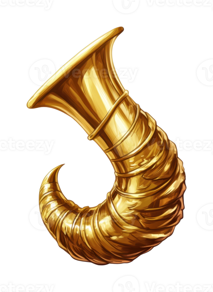 Golden cornucopia horn with detailed texture and curved design png