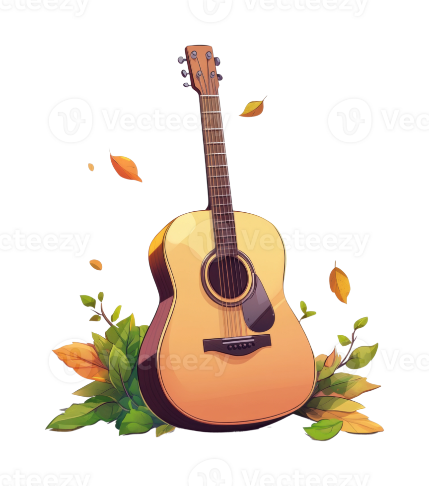 Acoustic guitar surrounded by leaves in autumn setting png