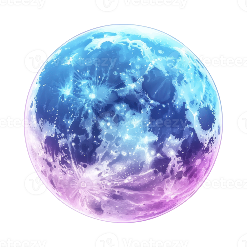 Colorful celestial moon with craters and blue-purple glow png