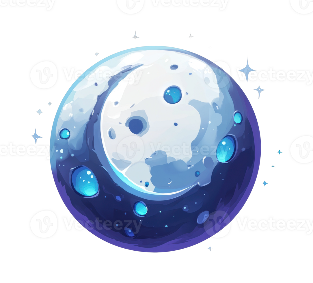 Stylized cartoon moon with craters and stars in space png