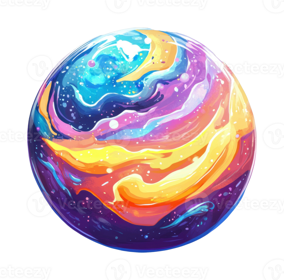 Colorful whimsical planet with celestial swirls and cosmic patterns png