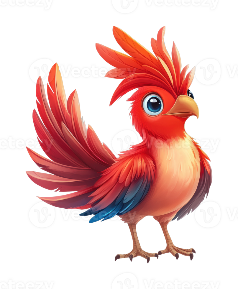 Vibrant cartoon red bird with blue wing tips and large eyes png