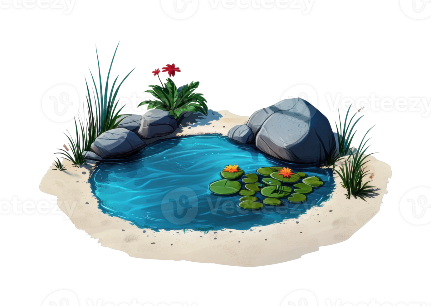 Tranquil pond with rocks and water lilies png