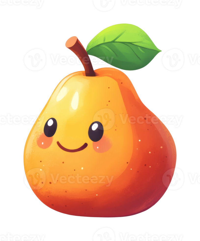 Cute smiling cartoon pear with leaf png