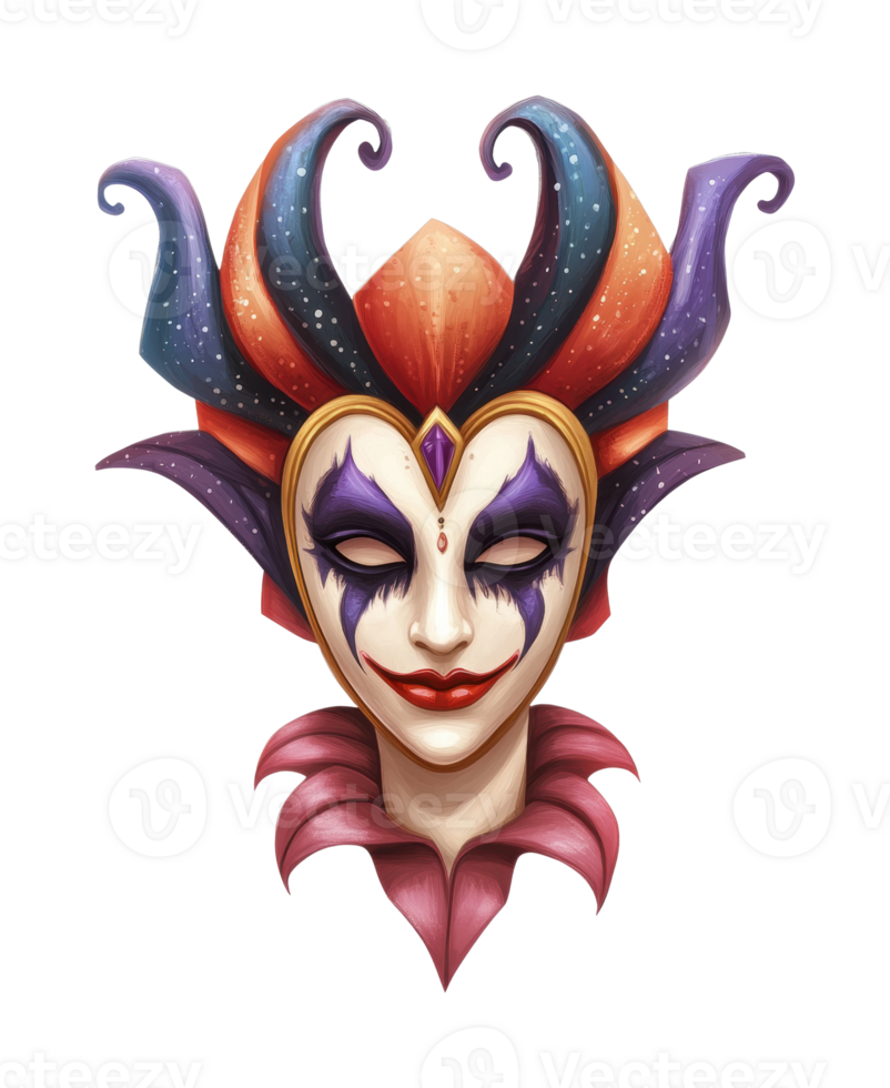 Colorful jester mask with intricate patterns and bold makeup png