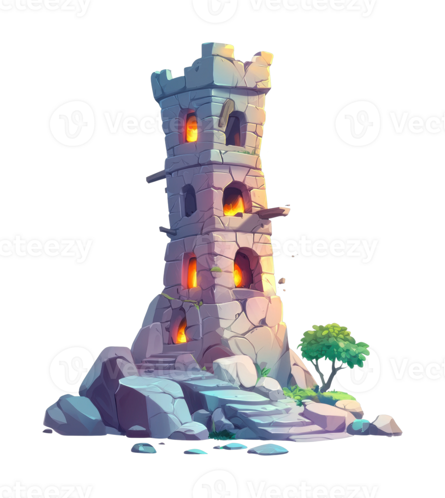 Fantasy stone tower with glowing windows and tree png