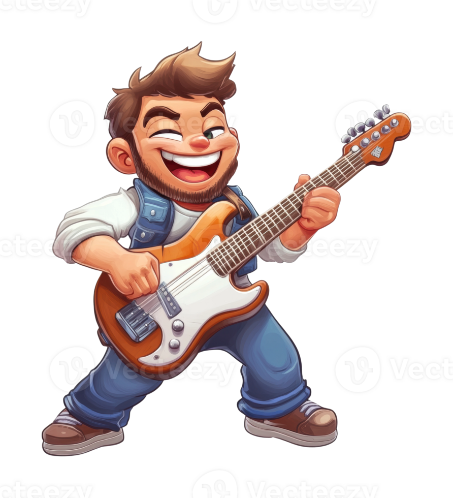 Animated male guitarist with electric guitar png