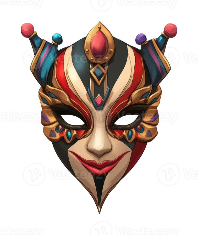 Colorful harlequin mask with intricate design and jewel accents png