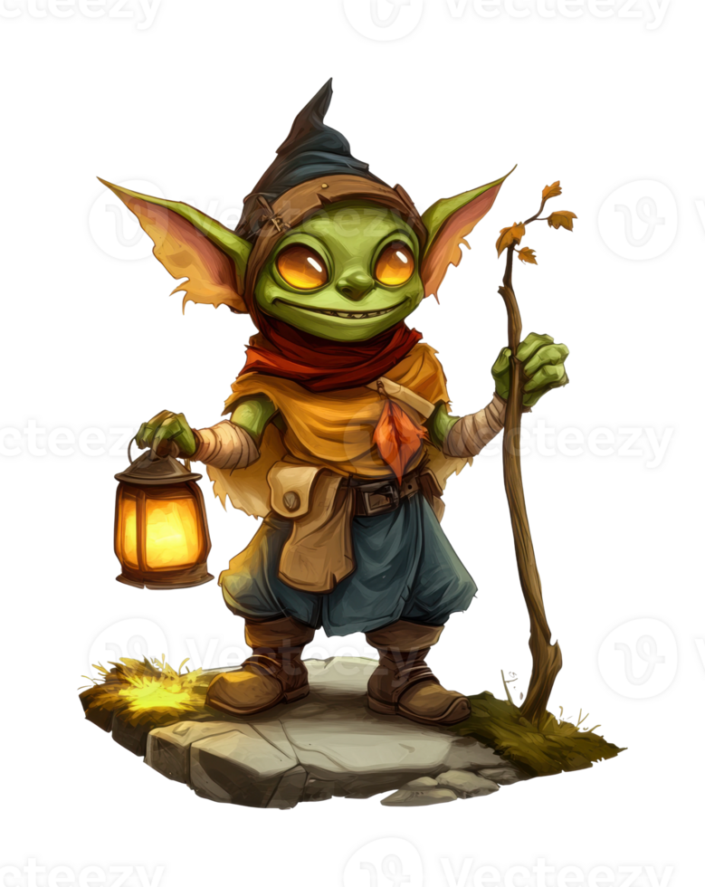 Fantasy goblin child adventurer holding lantern with staff png
