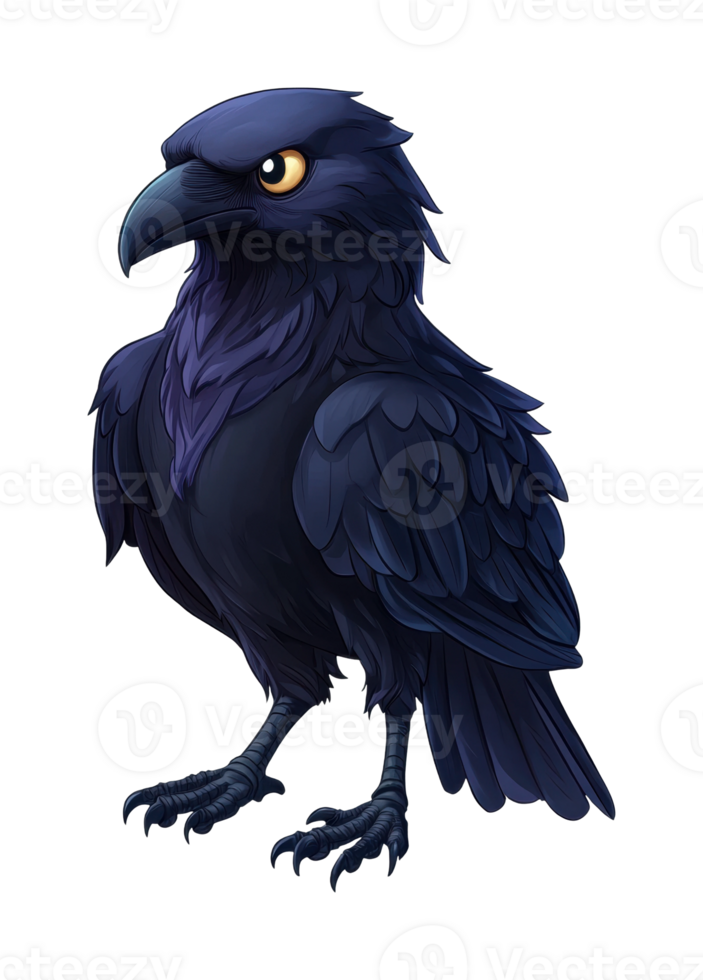 Majestic cartoon raven with intense gaze and detailed plumage png