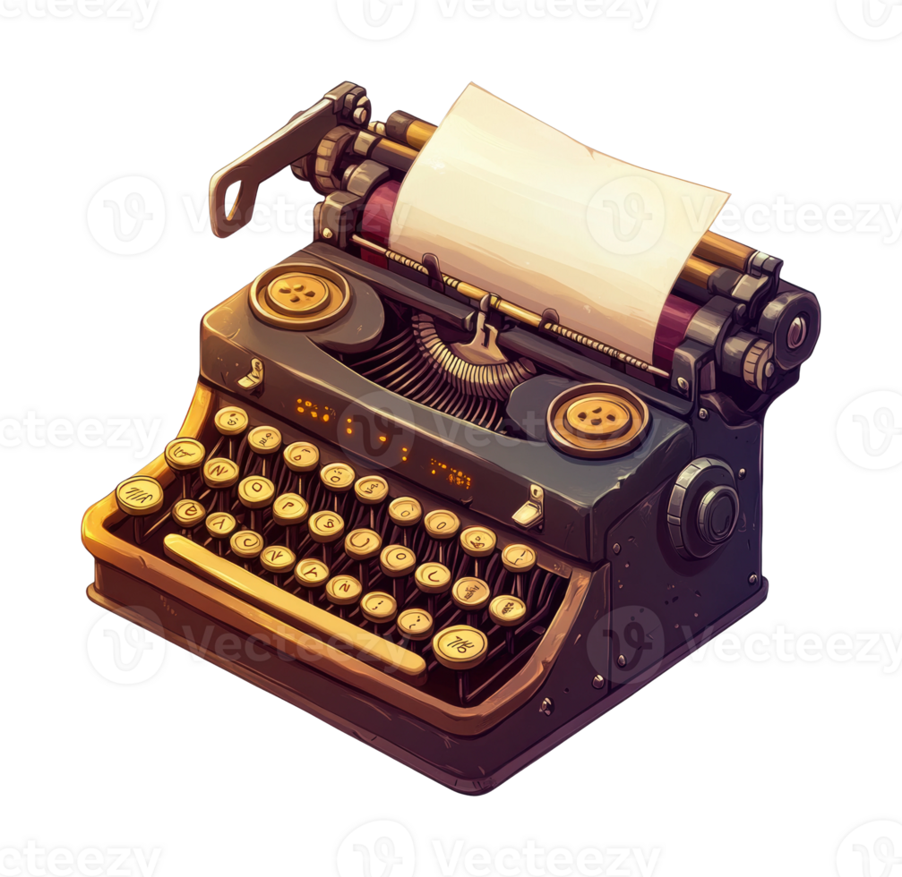 Vintage typewriter with paper sheet and mechanical keys png