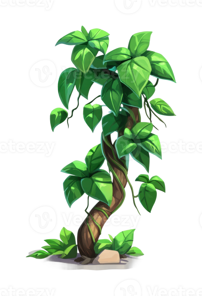Lush cartoon vine twisting with green leaves on ground base png