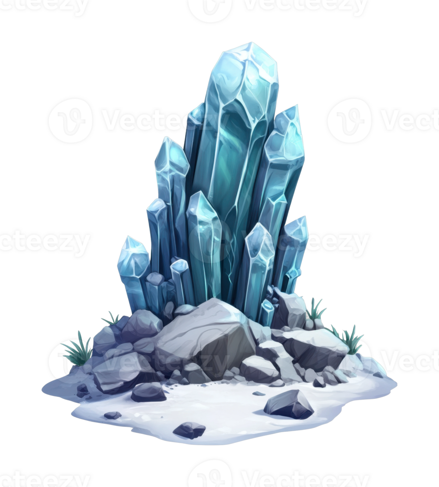 Blue crystals cluster with snow and rocks surrounded by small plants png