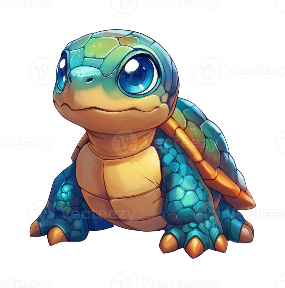 Cute cartoon baby turtle with colorful shell and big eyes png