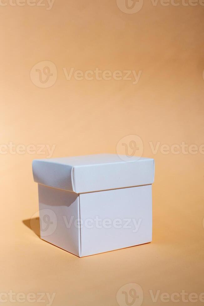 Minimalist white gift box on pastel background with soft shadows photo