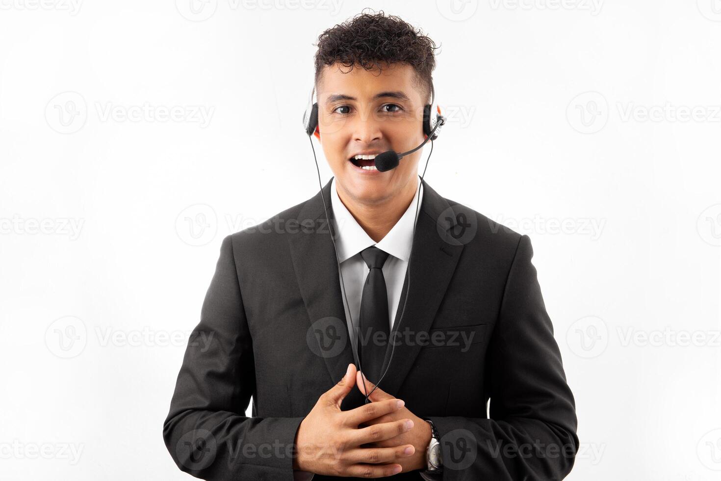 Young handsome call center agent man with beard working using headset over blue background happy face smiling with crossed arms looking at the camera. Positive person. photo