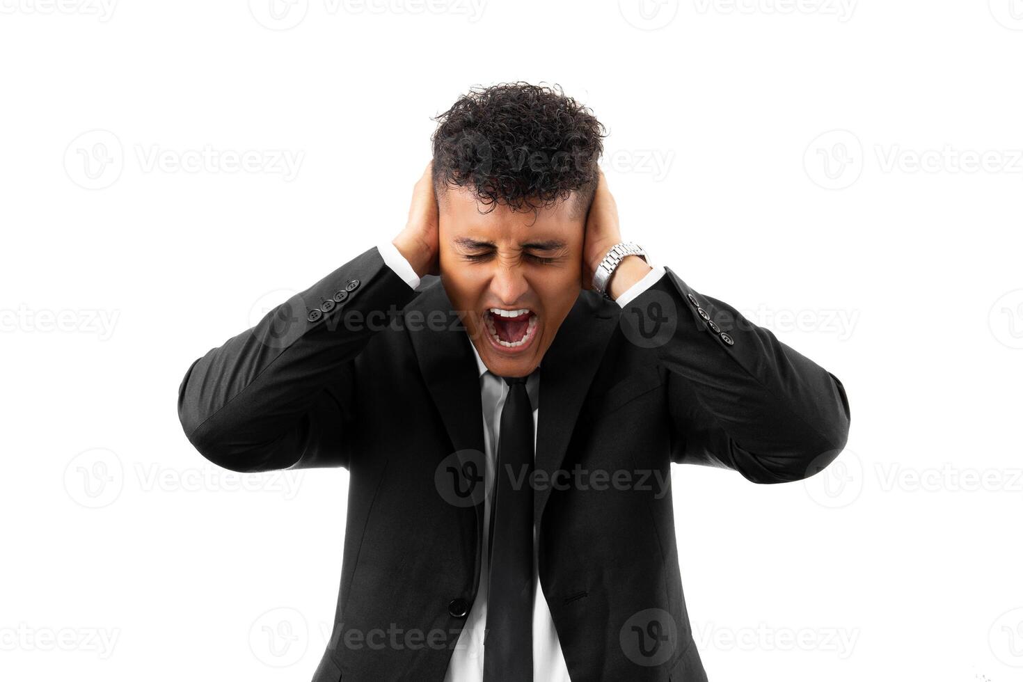 Young handsome man wearing business suit sweater and glasses over blue background Crazy and scared with hands on head, afraid and surprised of shock with open mouth photo
