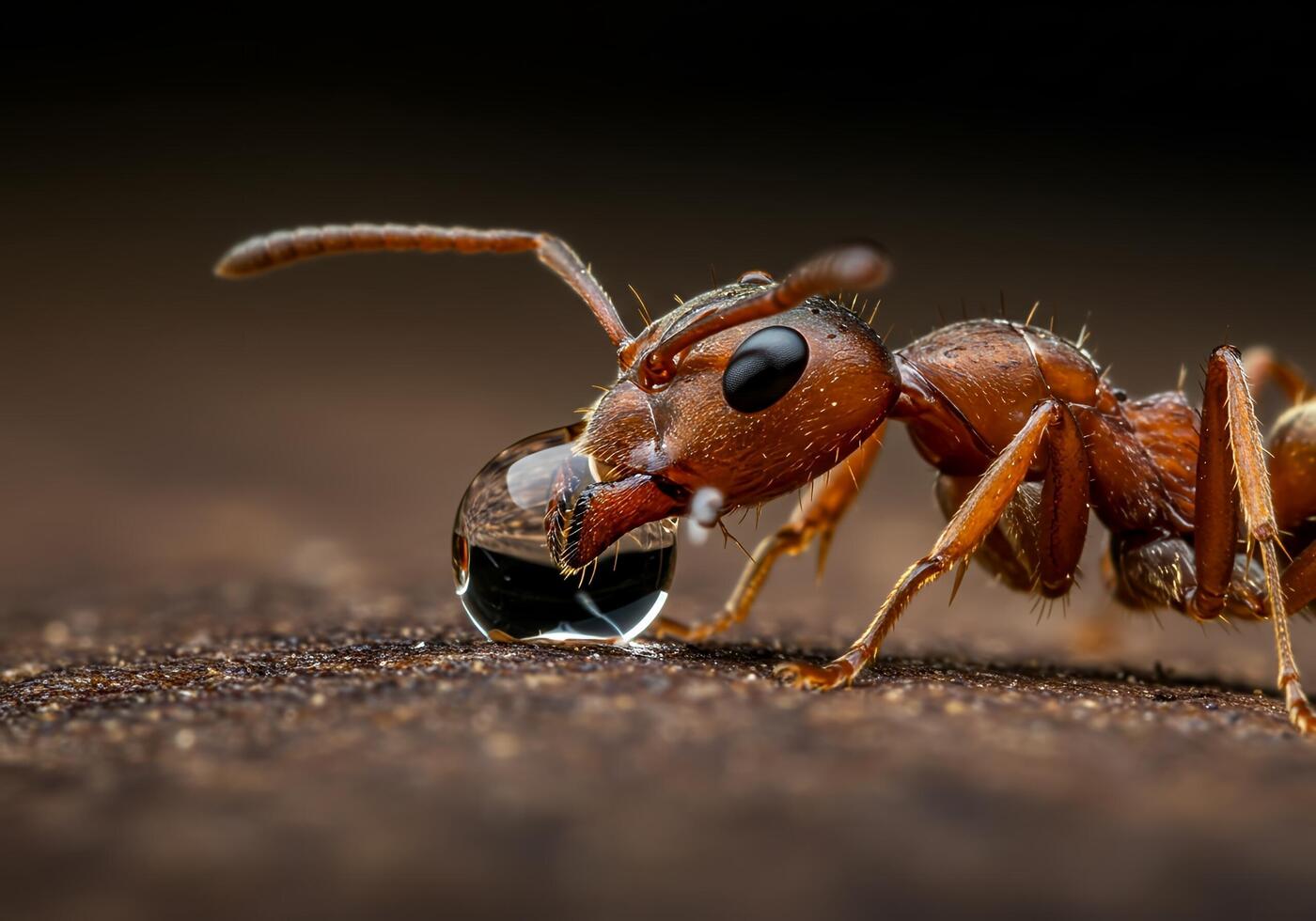 A red ant is drinking water from a single raindrop photo
