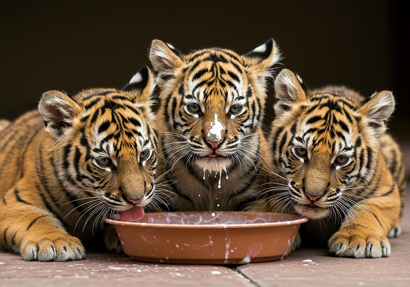 Three tiger cubs are drinking milk from a plate photo